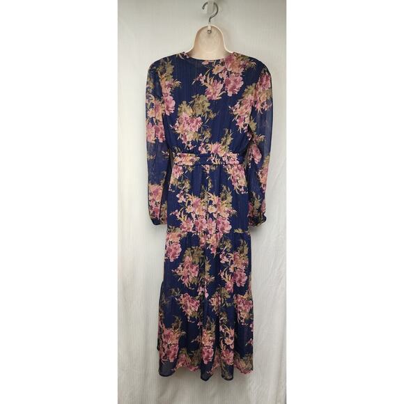Sofia Jean Cutout Midi Floral Bouquet Balloon Sleeve V-Neck Blue Dress Size L - Picture 9 of 14